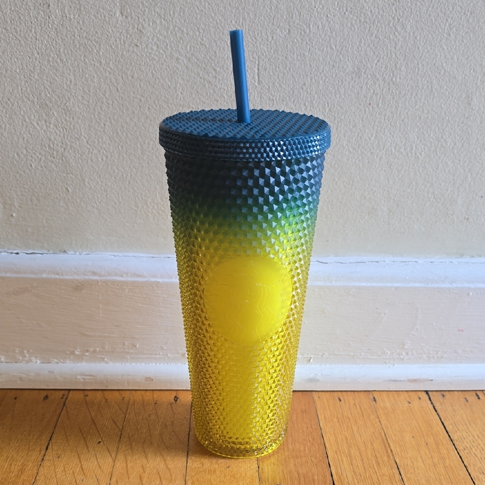NWT, Starbucks, Fall 2023, Lemon Yellow/Blue Ombre Studded Cup Tumbler, Venti